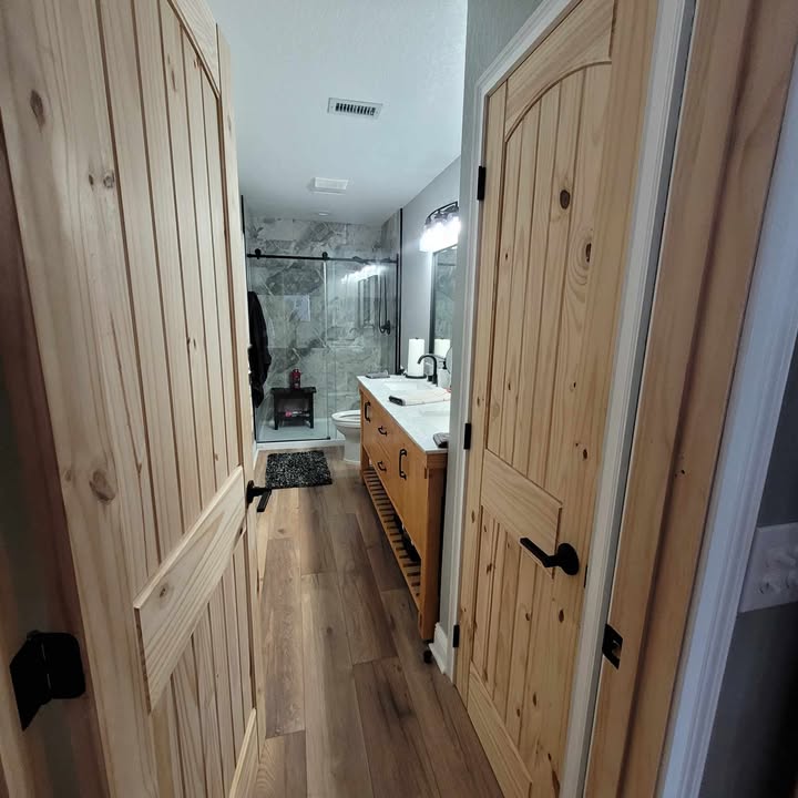 2 Panel Arch Top V-Groove Knotty Pine Wood Interior Door - Image 4