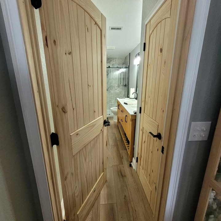 2 Panel Arch Top V-Groove Knotty Pine Wood Interior Door - Image 5